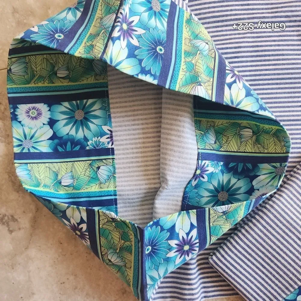 2 handmade pillow cases Blue stripe ticking fabric & turquoise/blue/green floral